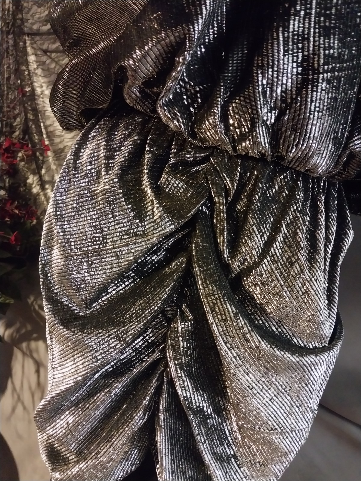 VTG SATIN SHINY METAL SILVER LAME ROUCHED STUDIO 70S 80S SHIRT DRESS BURLESQUE L