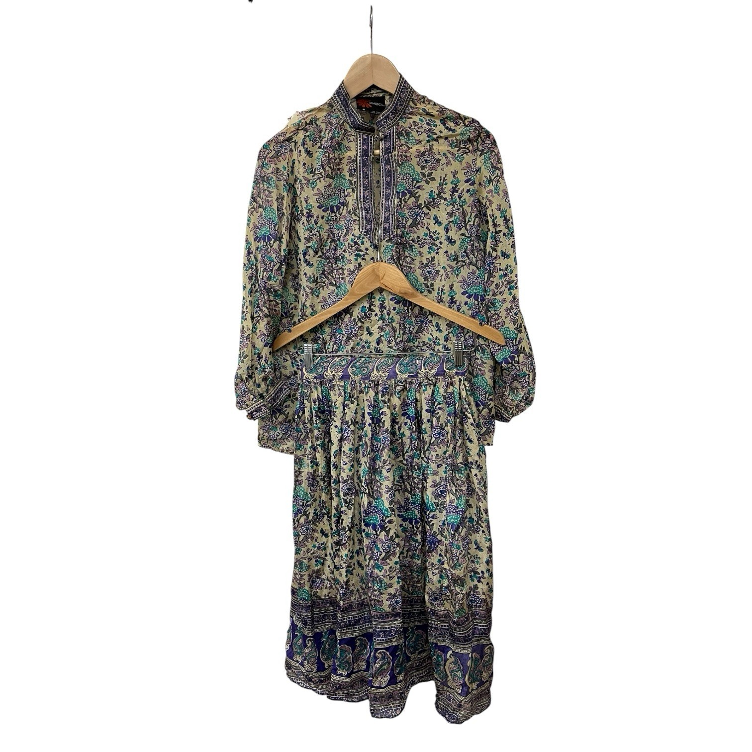 Vintage 70s Phool India Silk Block Top & Skirt Set S