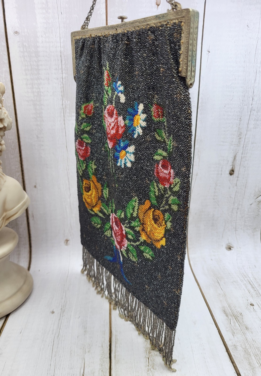 Large 13″ Antique Art Nouveau Floral Beaded Purse Handbag