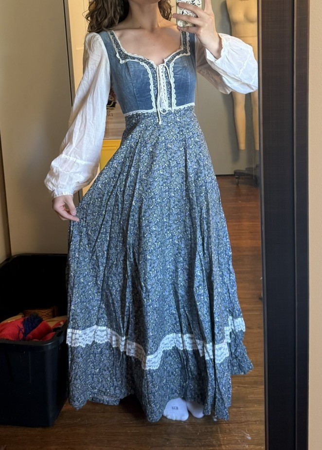 Vintage 70s Gunne Sax Blue Morning Glory Floral Velvet Corset Maxi Dress Size 6