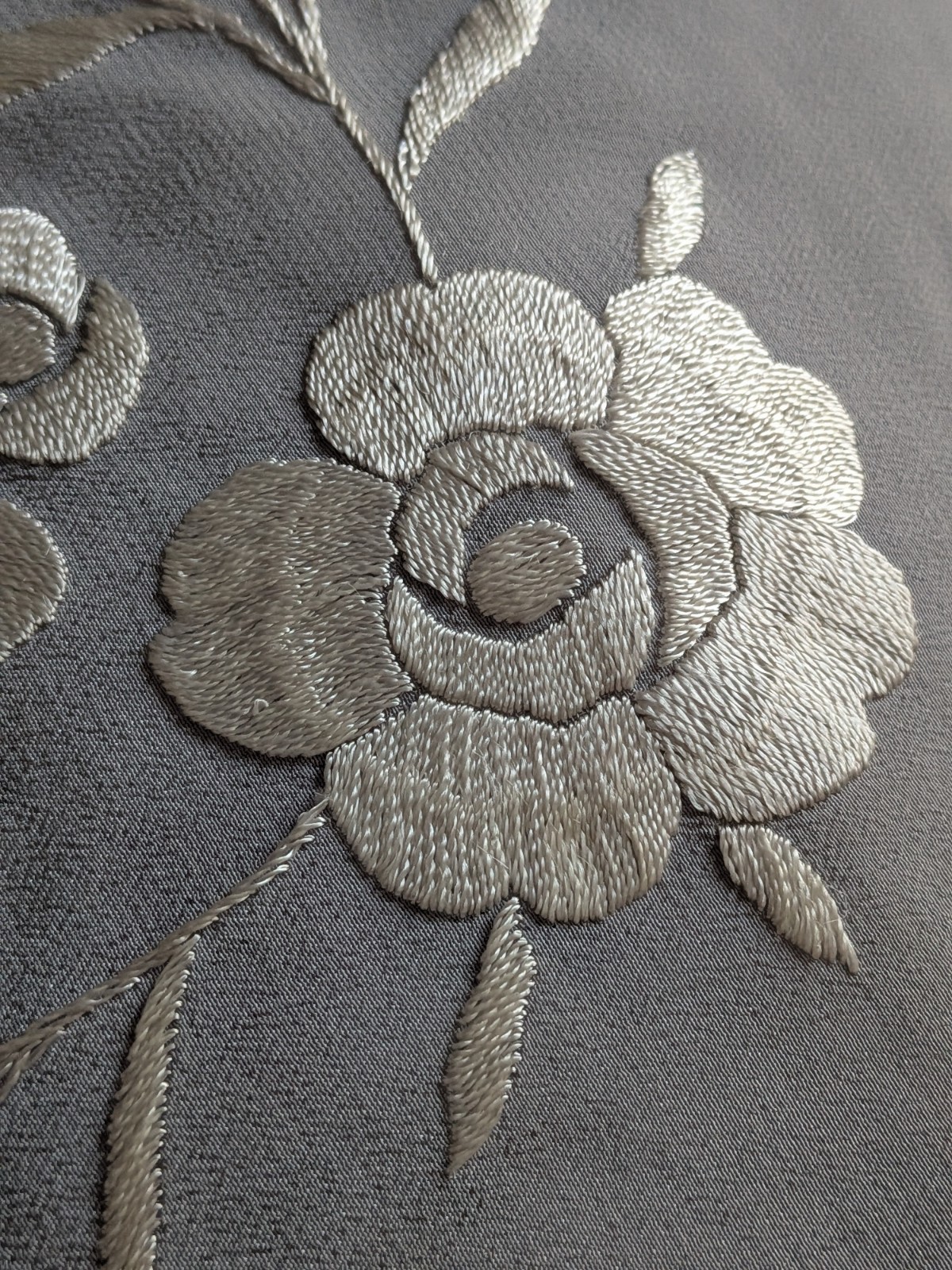Vintage Hand-Embroidered Spanish Silk Wrap/Piano Shawl-Dove Gray and Cream