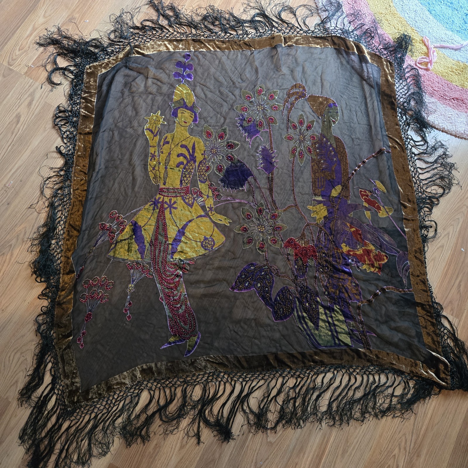Sheer Y2K Silk Velvet Burnout Figures Beaded Fringe Festival Scarf Vintage 90s
