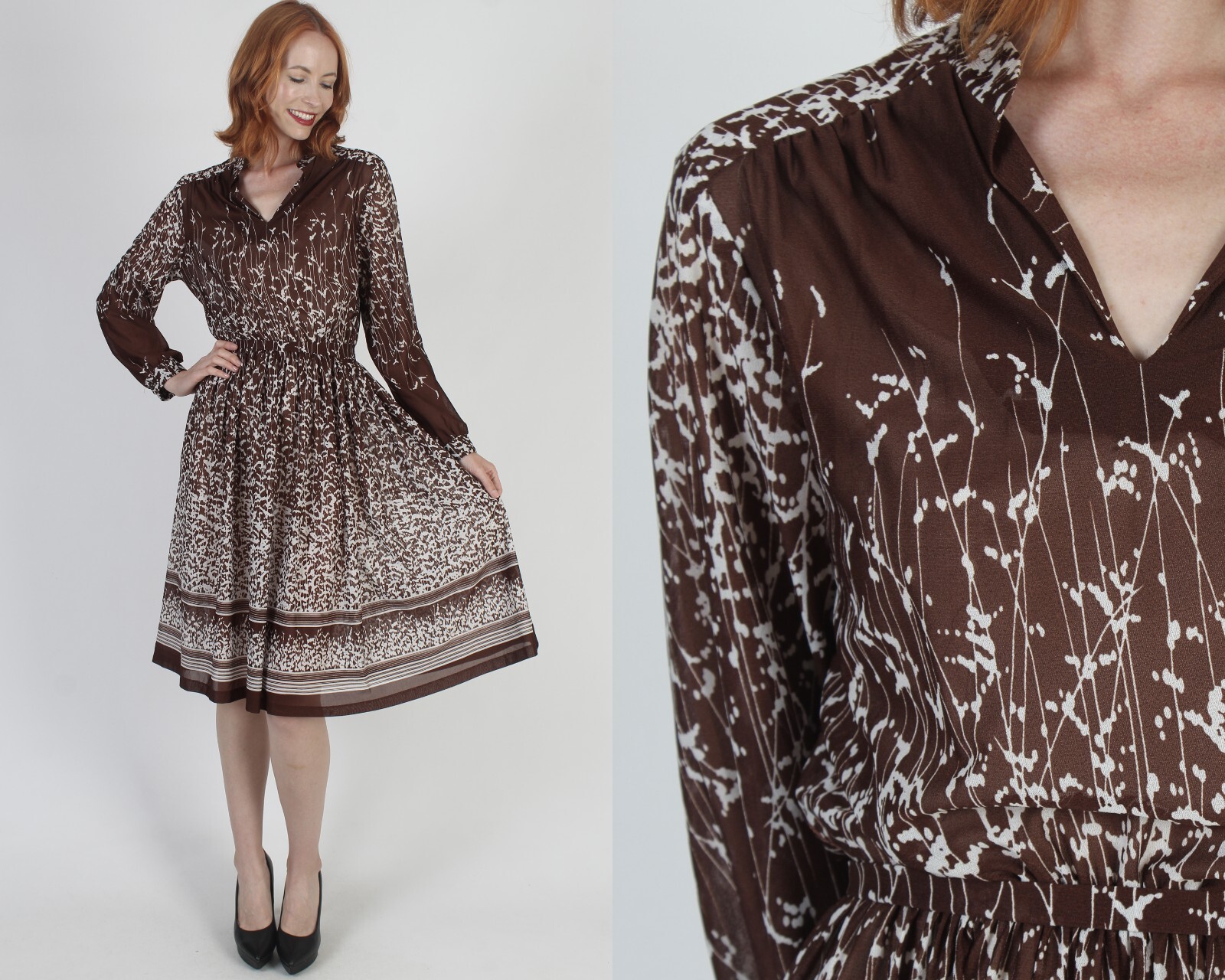 Vtg 80s Wear To Work Print Dress With Belt Cascading Nature Floral Thin Sundress