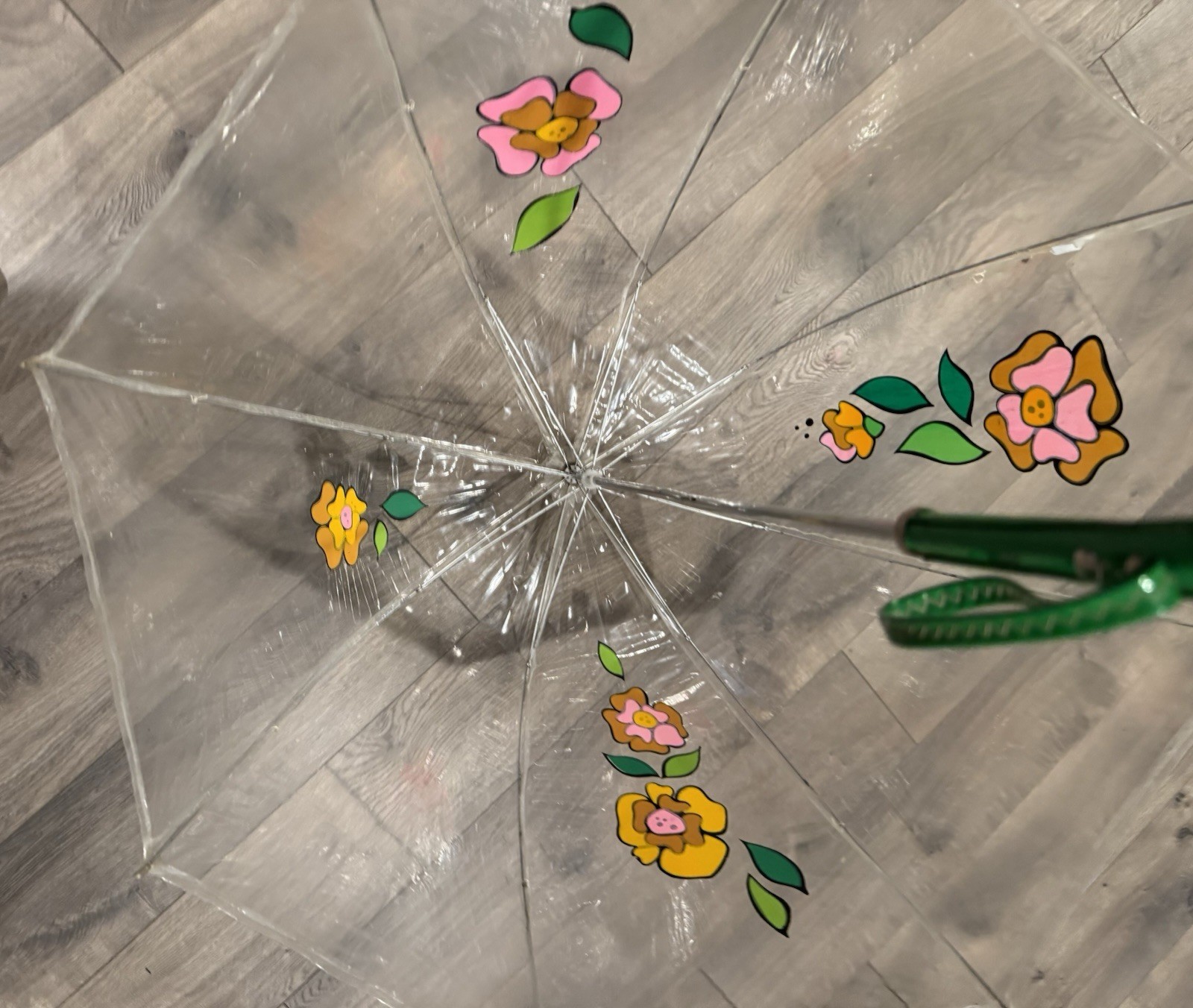 Vintage 70’s Dome Bubble Rain Umbrella Clear Vinyl MOD Flowers 28″D X 31″Handle