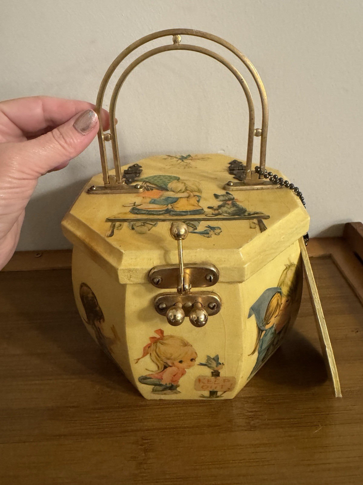 vintage 70s decoupaged wooden box purse classic illustrations by Betsy Clark