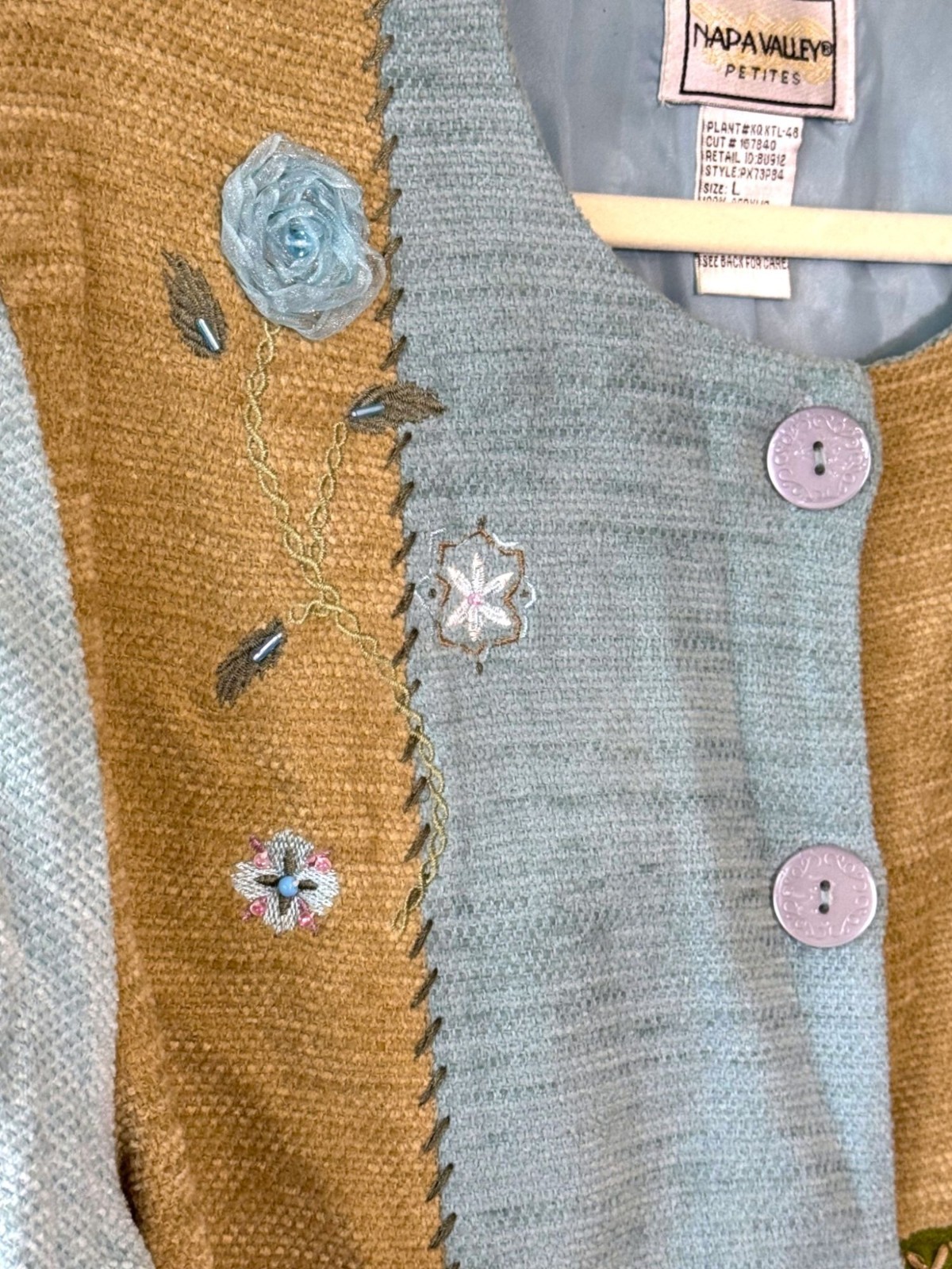 Vintage Napa Valley Petites Patchwork Jacket Size Large Blue Tan Floral Embroide