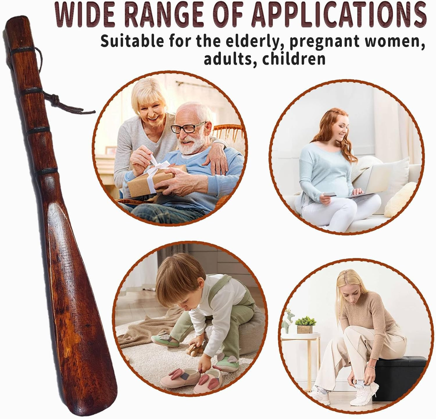 Long Handle Shoe Horn 12.5 Wooden Shoe Helper for Seniors Men Women