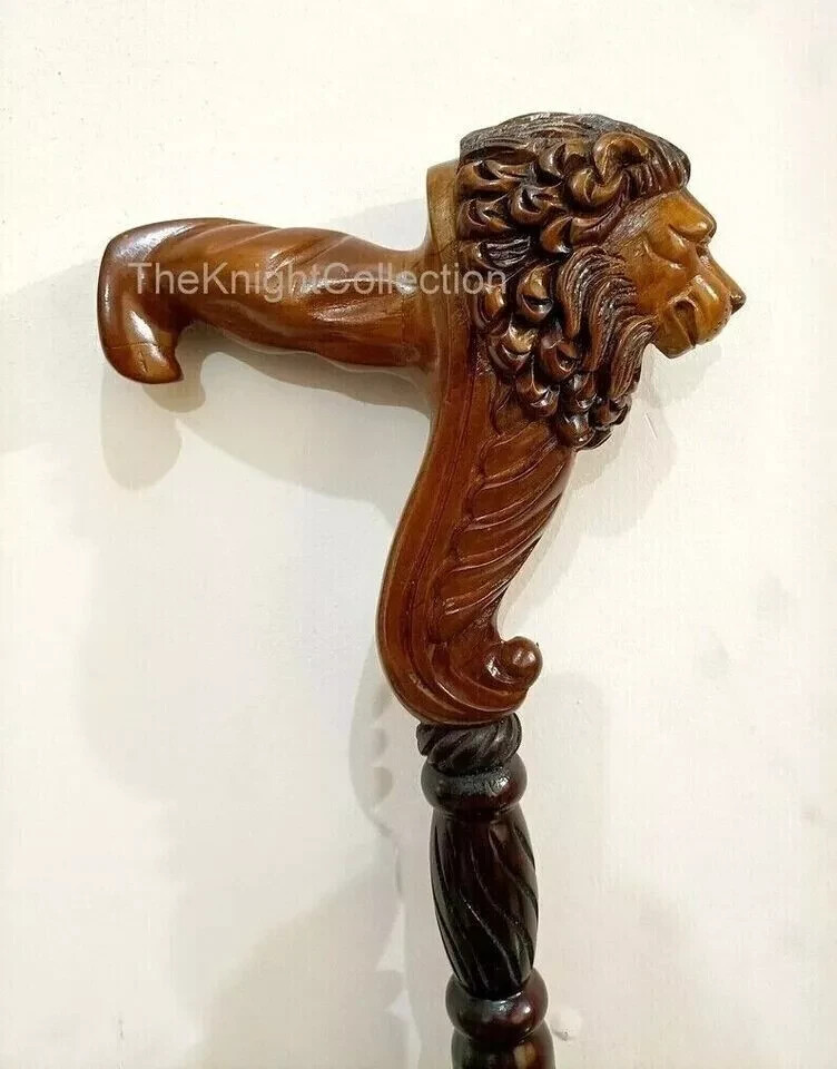 Hand Carved Lion Head Handle Wooden Walking Stick Handmade Walking Cane Gift