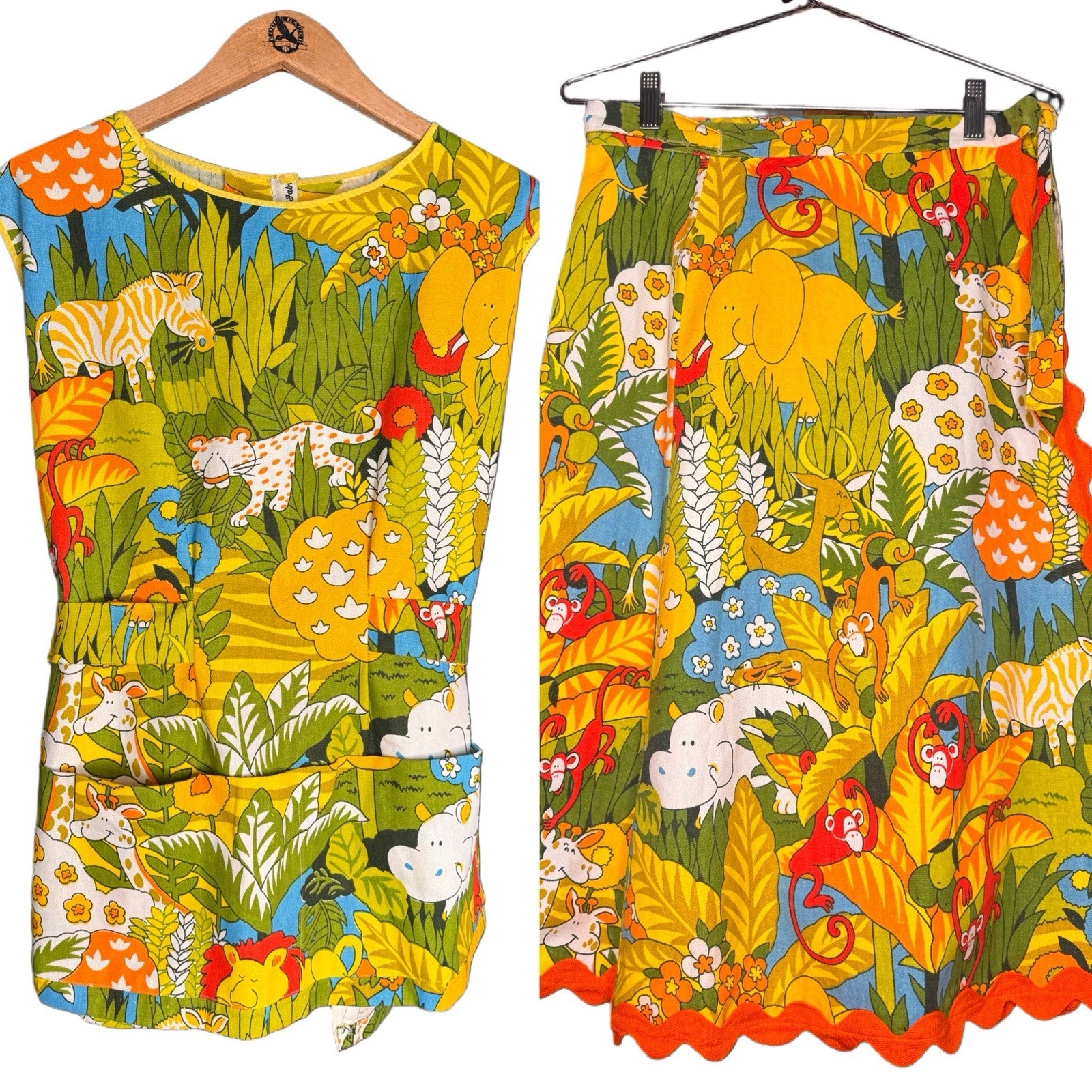 1970s Jungle Animal Smock Top + Wrap Skirt SET Vintage