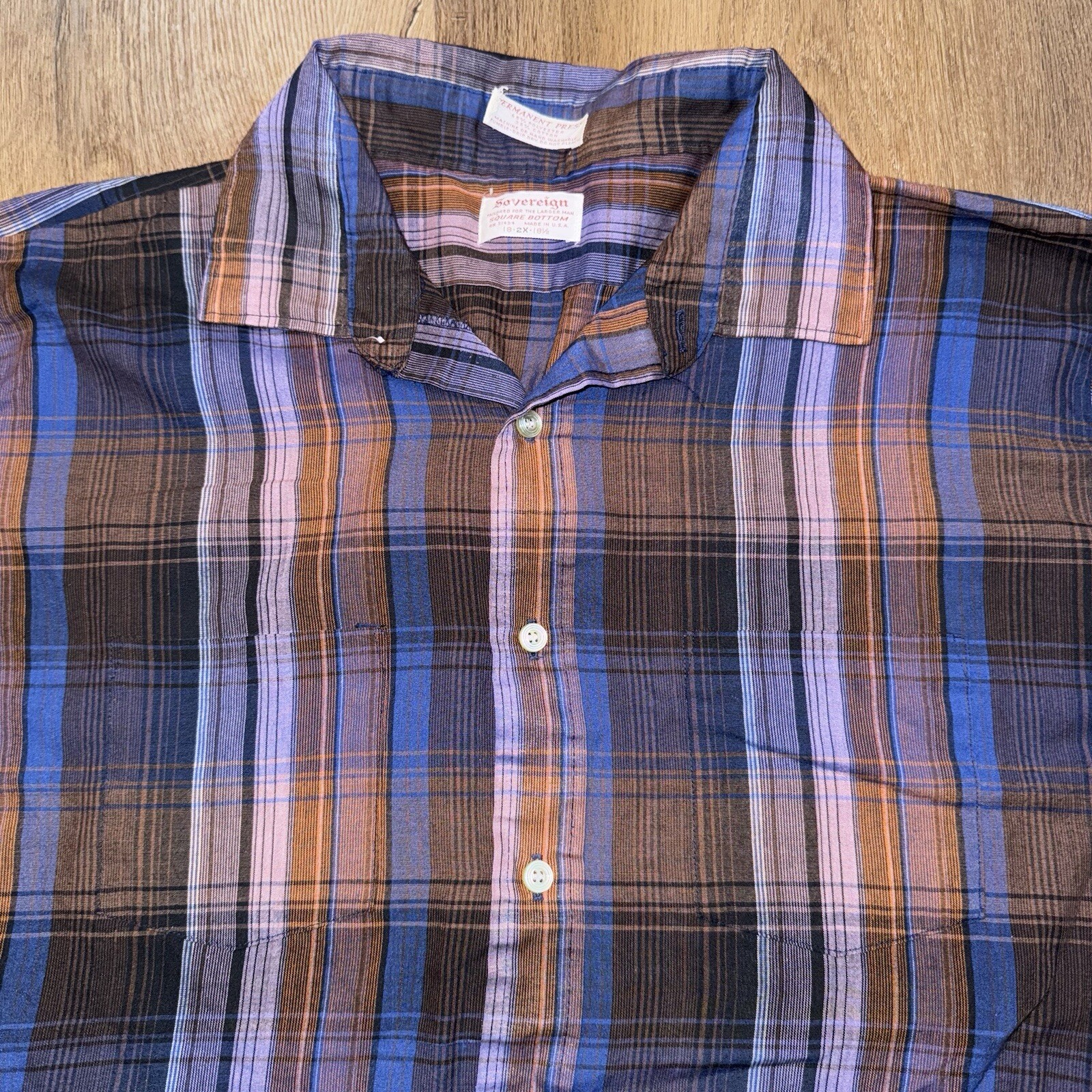 Vtg Sovereign Button Up Shirt Mens 2XL Square Bottom Plaid 60s 70s MCM Mod XXL