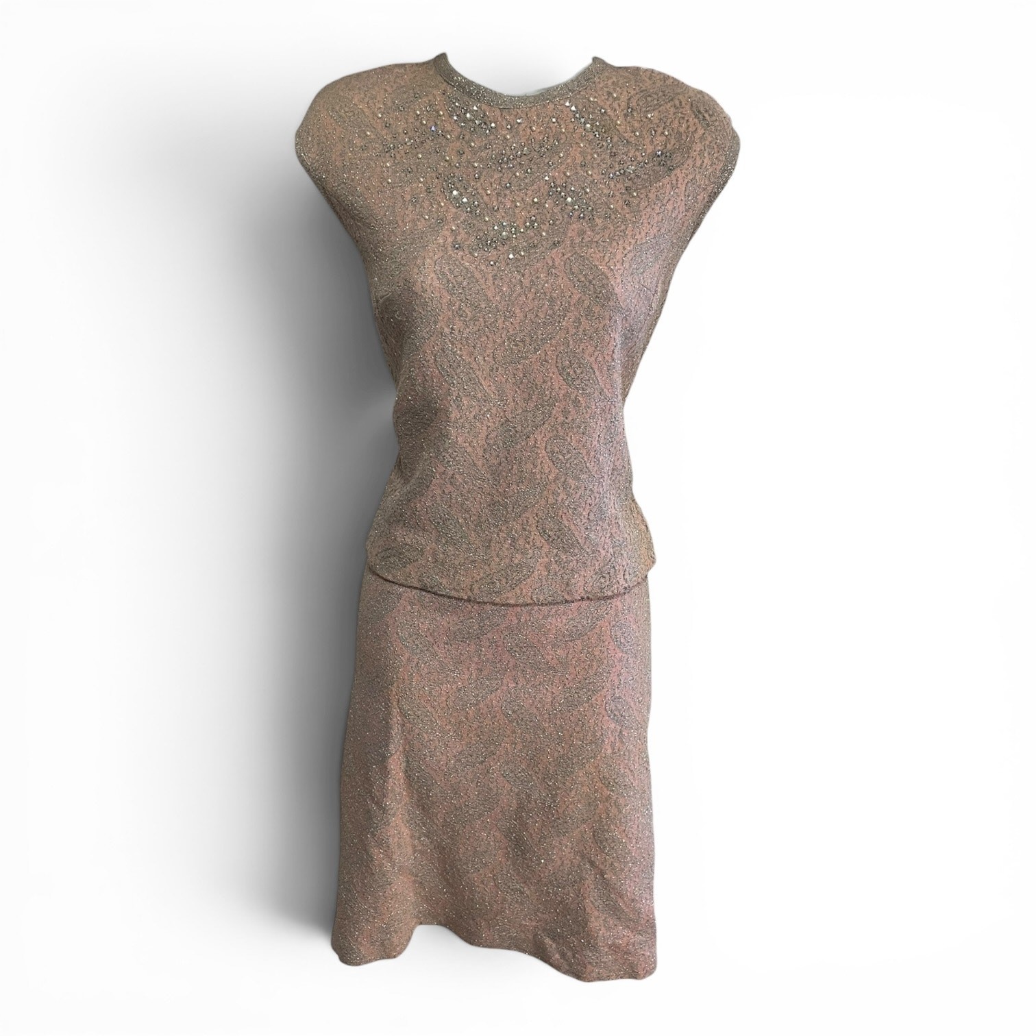 Vintage 1960s Leslie Faye Pink Silver Metallic Lurex Knit Two Piece Dress Set
