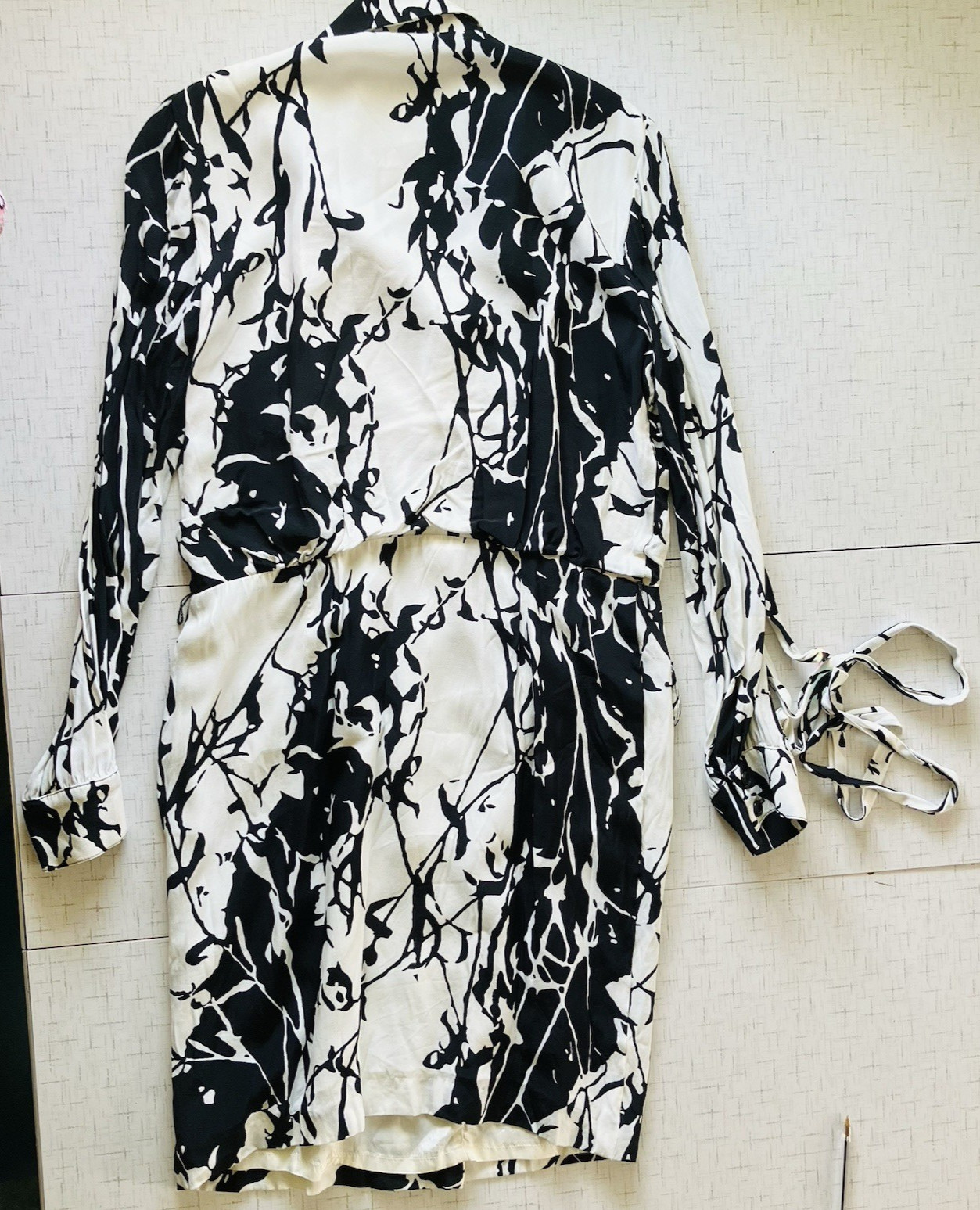 Vtg 80s 90s Graphic B&W Dress W Belt! Acetate & Rayon Lined Sz12