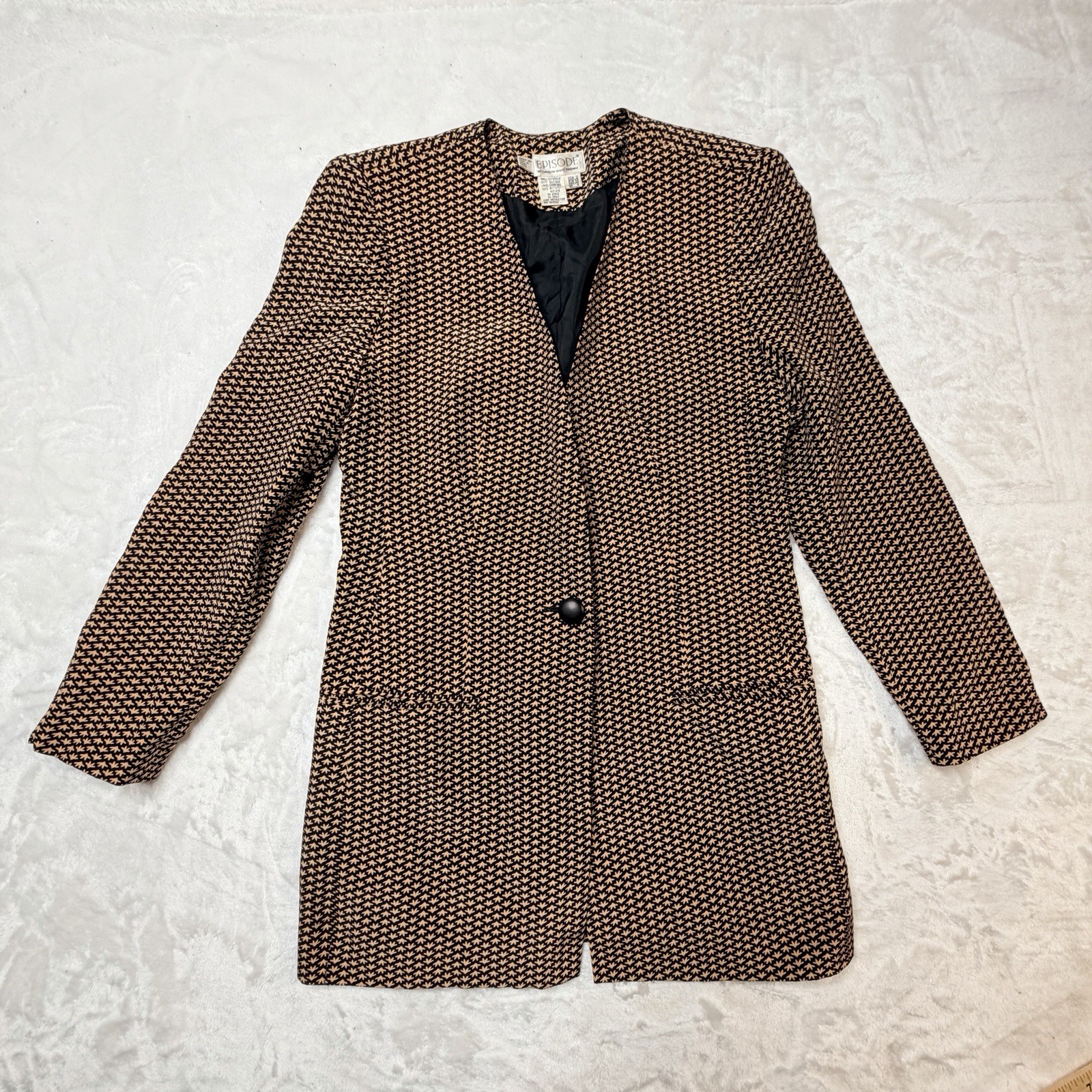 Vintage 80s Women’s Silk Brown & Black Single-Button Coat Jacket.
