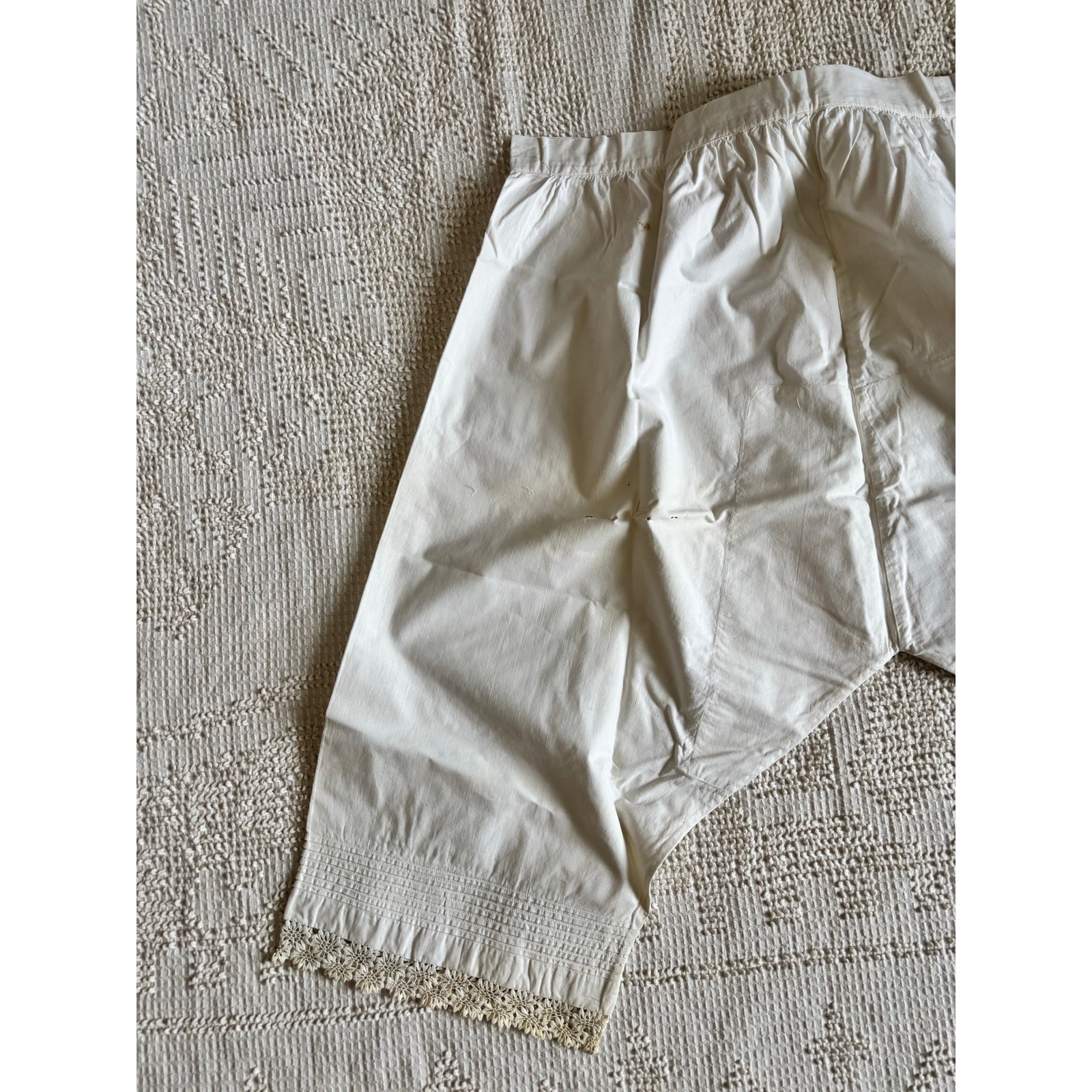 Antique 1910s Edwardian Pantaloons Closed Crotch Cotton Lace Wounded Bird