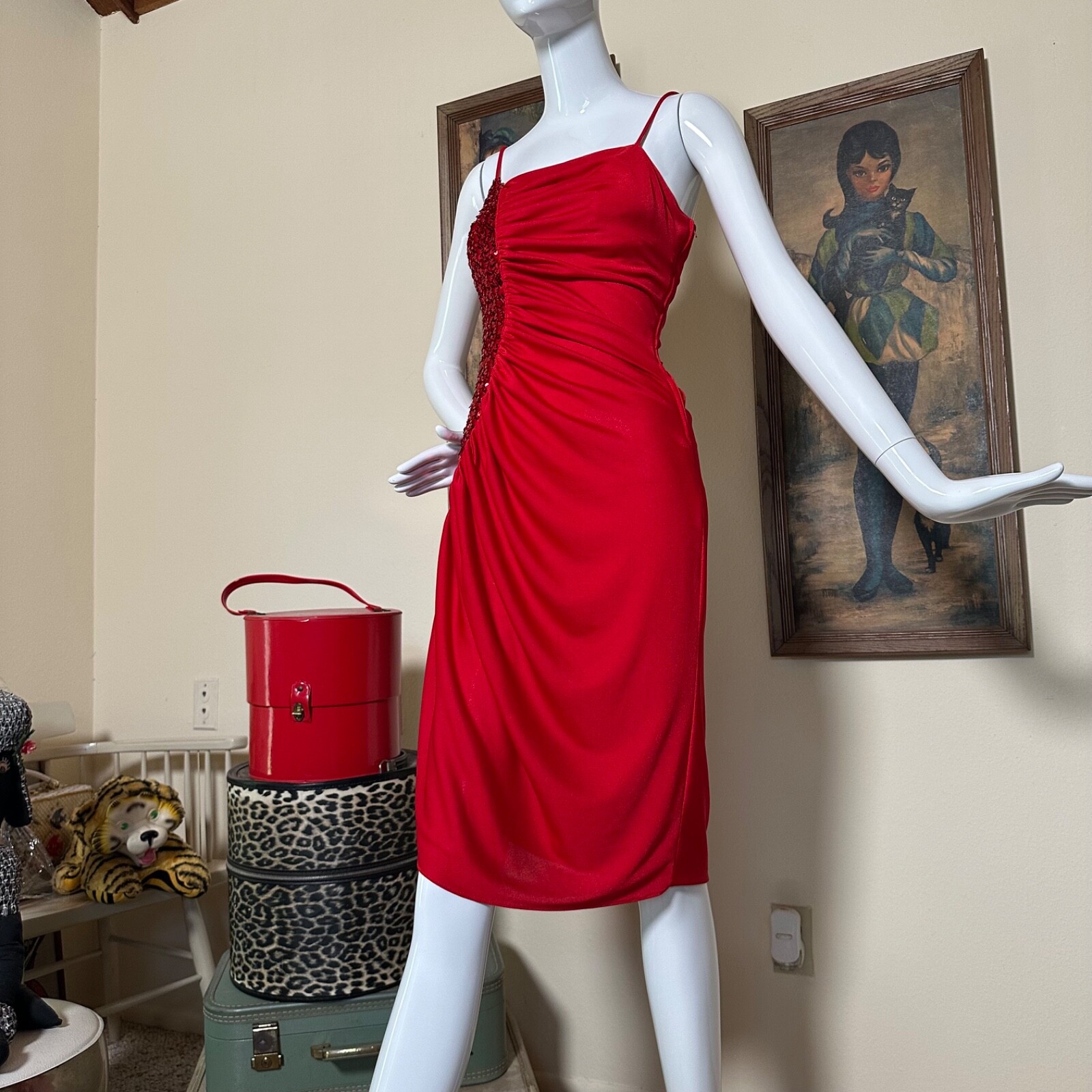 Vintage 70s New Leaf by Samir Slinky Disco Dress Sequined Draped Red Jersey S