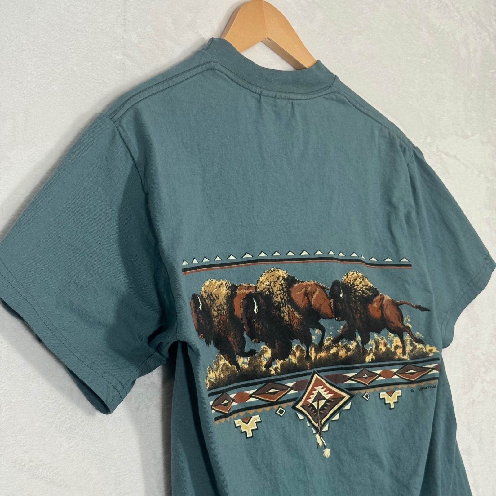 Vintage 90s AOP Tultex Teal Buffalo Two Sided Graphic T-Shirt Size Medium