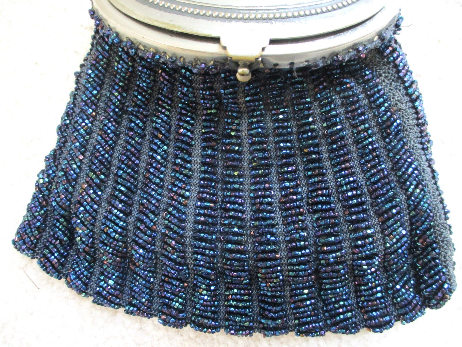 ANTIQUE Blue Aurora Borealis BEADED PURSE BAG Oval Silver Embossed Top