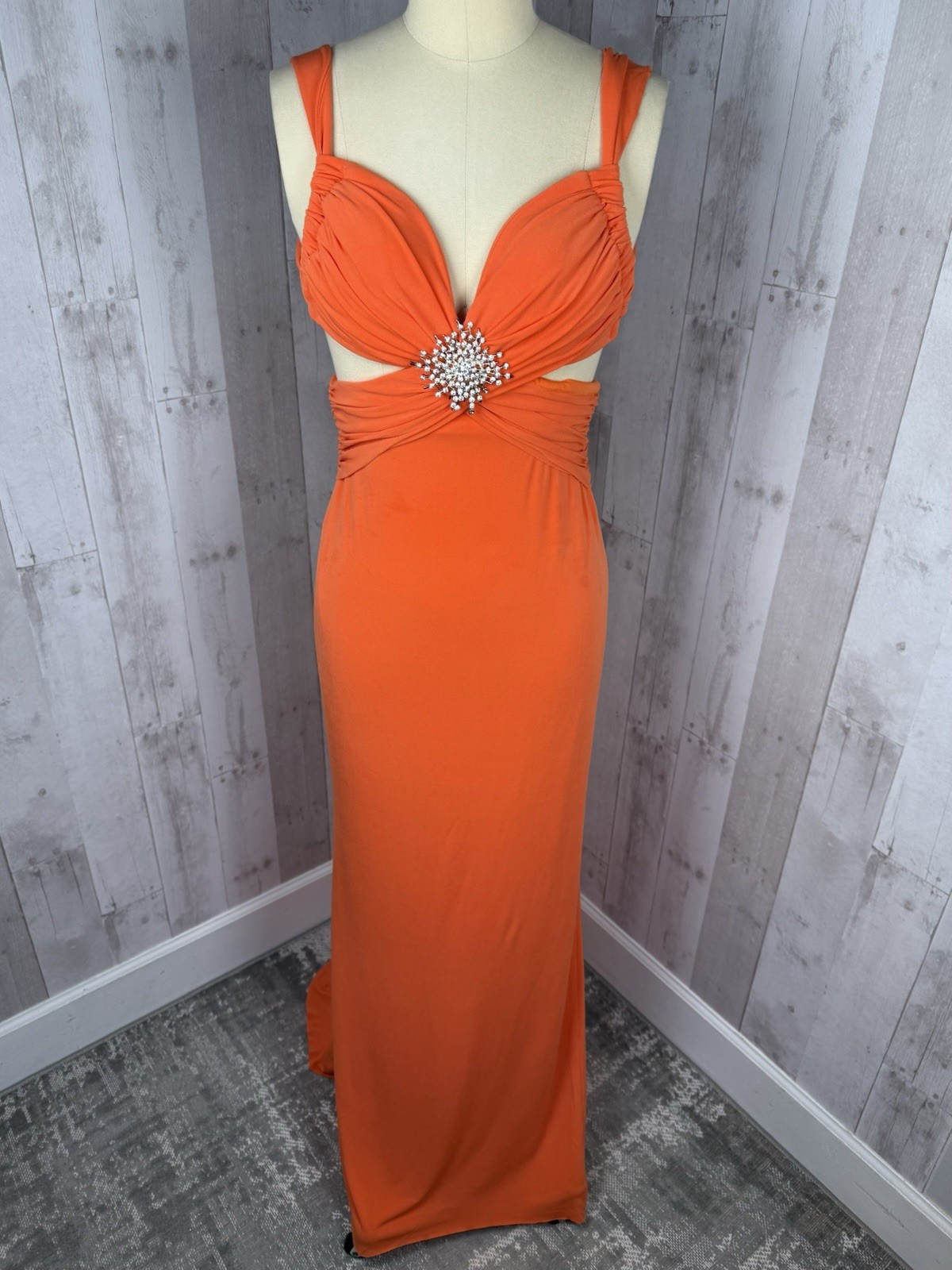 Vintage 1970s Jeweled Disco Cocktail Gown Cache Tangerine Poly Spandex Knit XS
