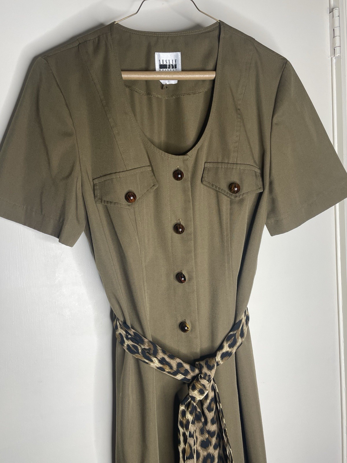 Vintage Leslie Fay Size 10 Olive S/S Safari Secretary Maxi Midi Shirt Dress USA