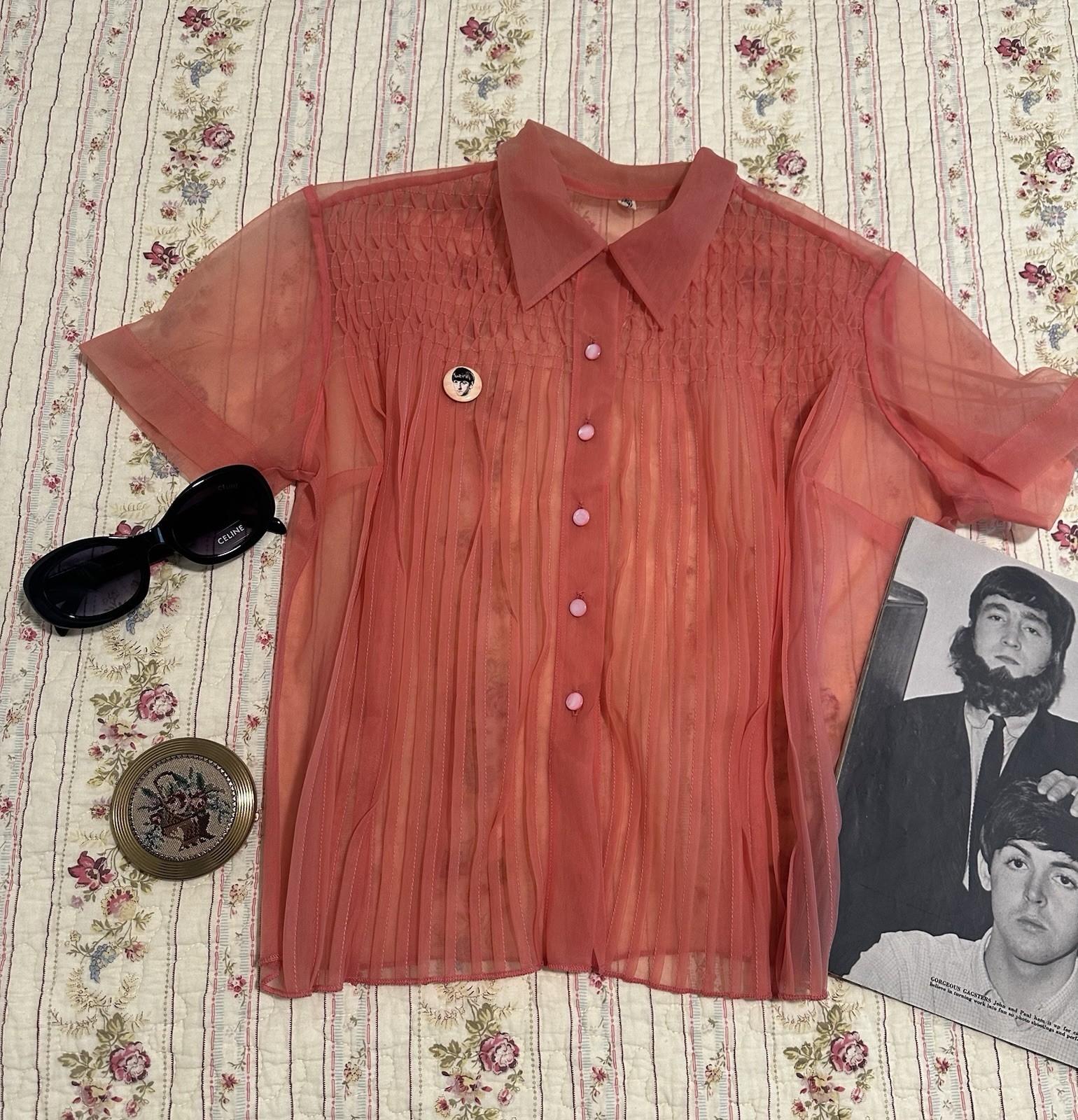 Vintage 1950s Judy Bond Sheer Coral Nylon Smocked Pintuck Rockabilly Pinup S M