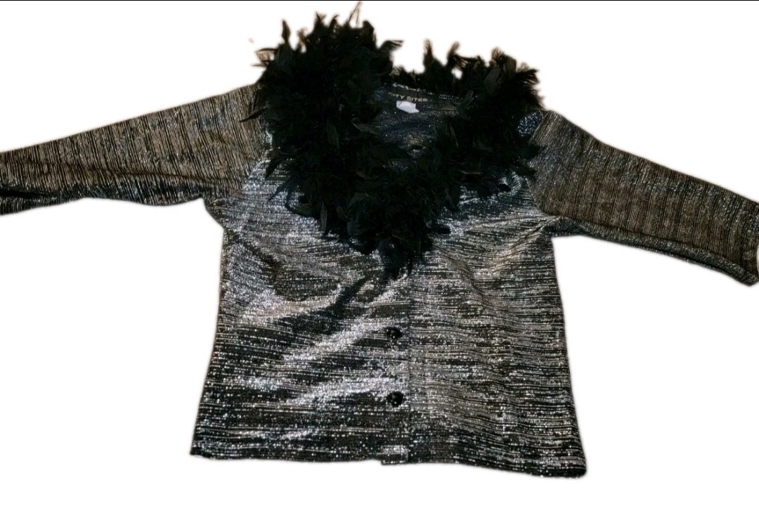 Vintage 90’s Metallic Jacket:black Feather Collar Whimsigoth
