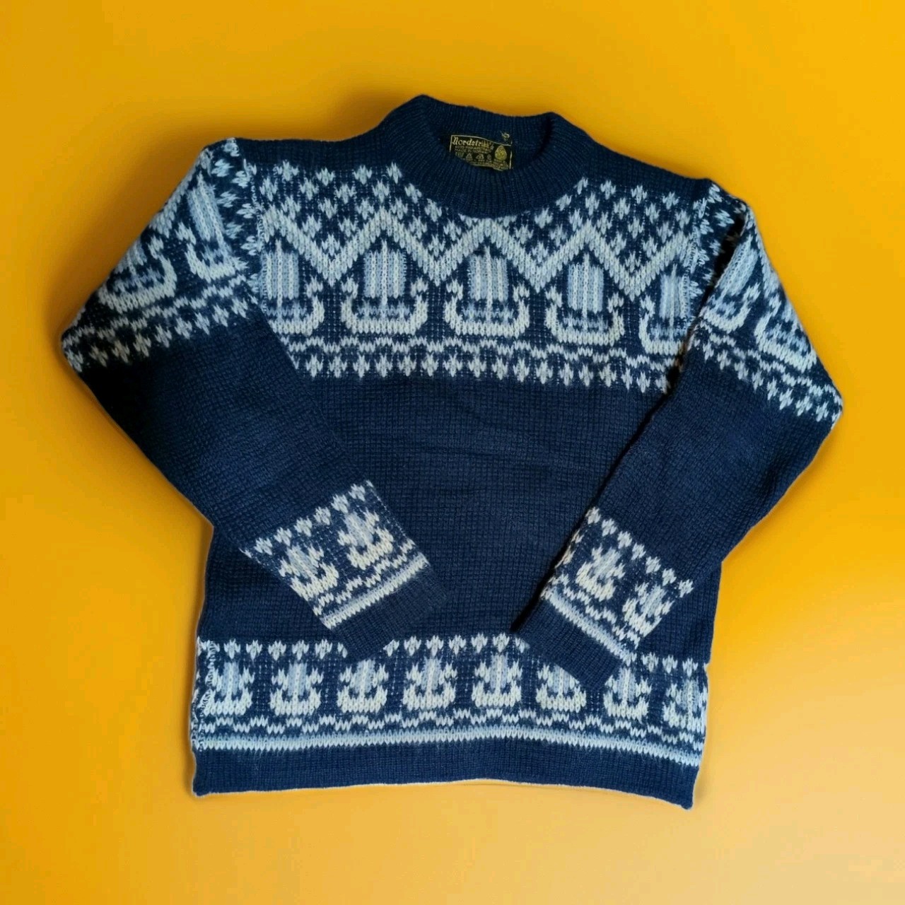 Vtg Viking Ships Nordstrikk Wool Norwegian Sweater Blue/White Sz 38 S/M (18×23)