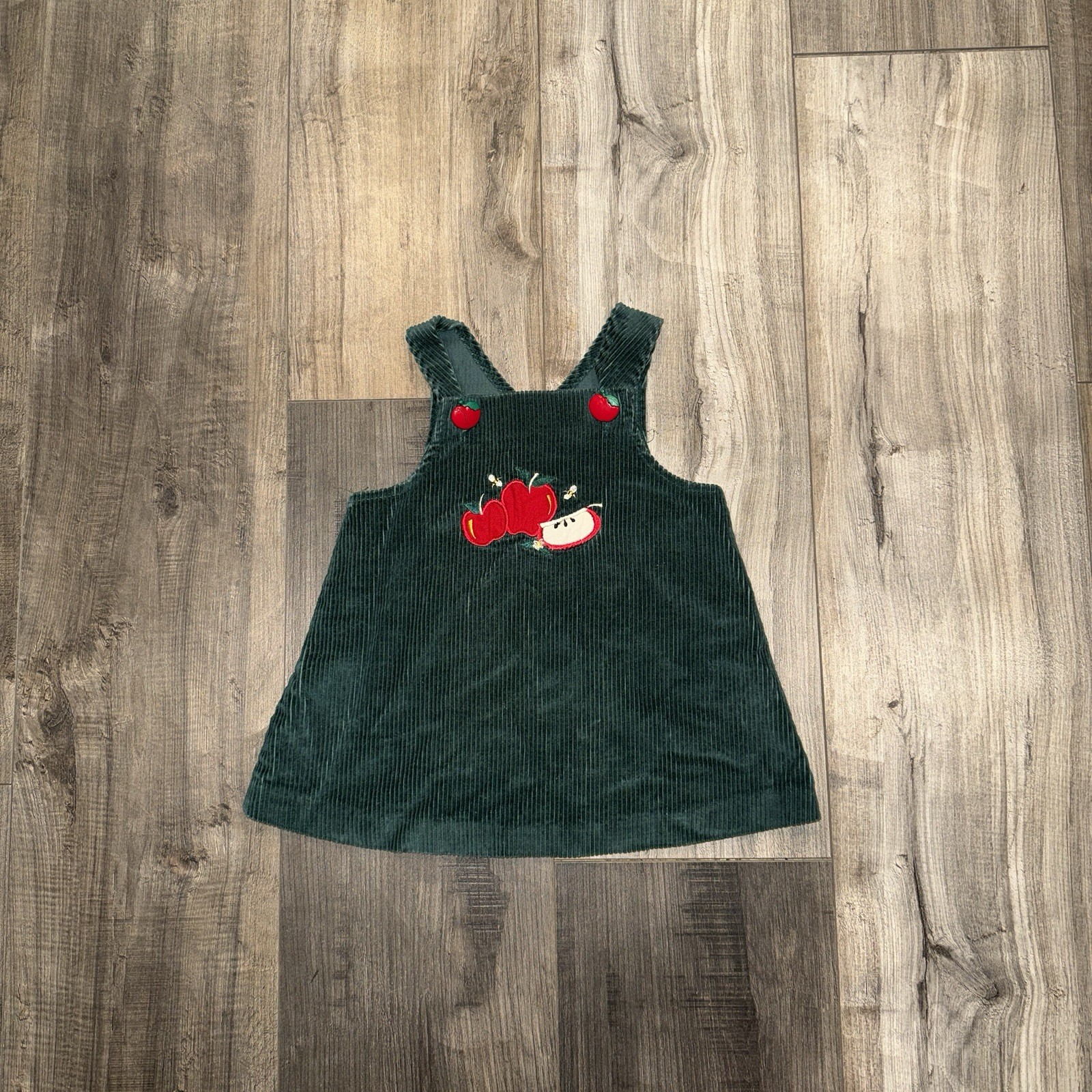 Vintage Peaches & Cream Girls Green Corduroy Jumper with Apples Size 18 Mon