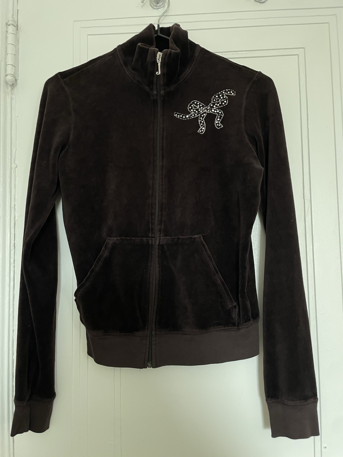 Juicy Couture Y2K Bow Brown Velour Zip Up Track Jacket Size M/36 Fits Like XS/S