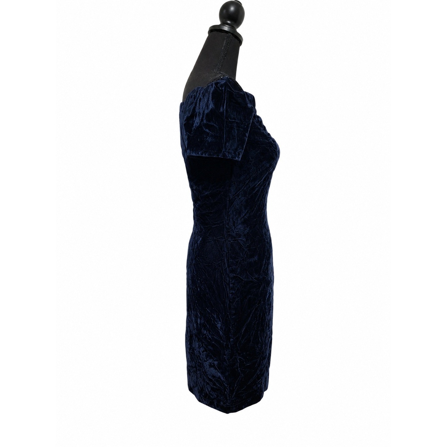 Roberta Vintage Navy Blue Crushed Velvet Off Shoulder Mini Dress Scalloped Neck
