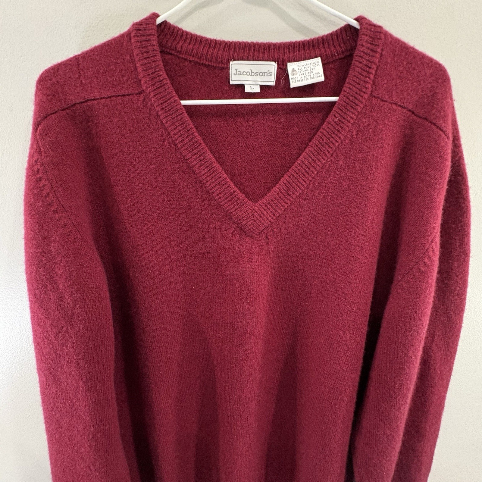 Vintage Jacobson’s 100% Lambswool L Sweater Knit Pullover V-Neck Dark Red Preppy