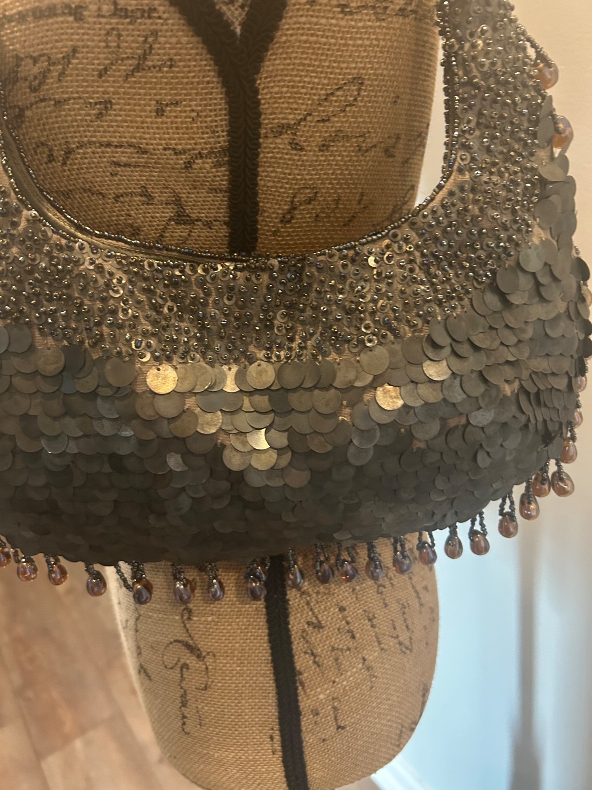 Jigsaw evening purse in bronze sequins and beading.
