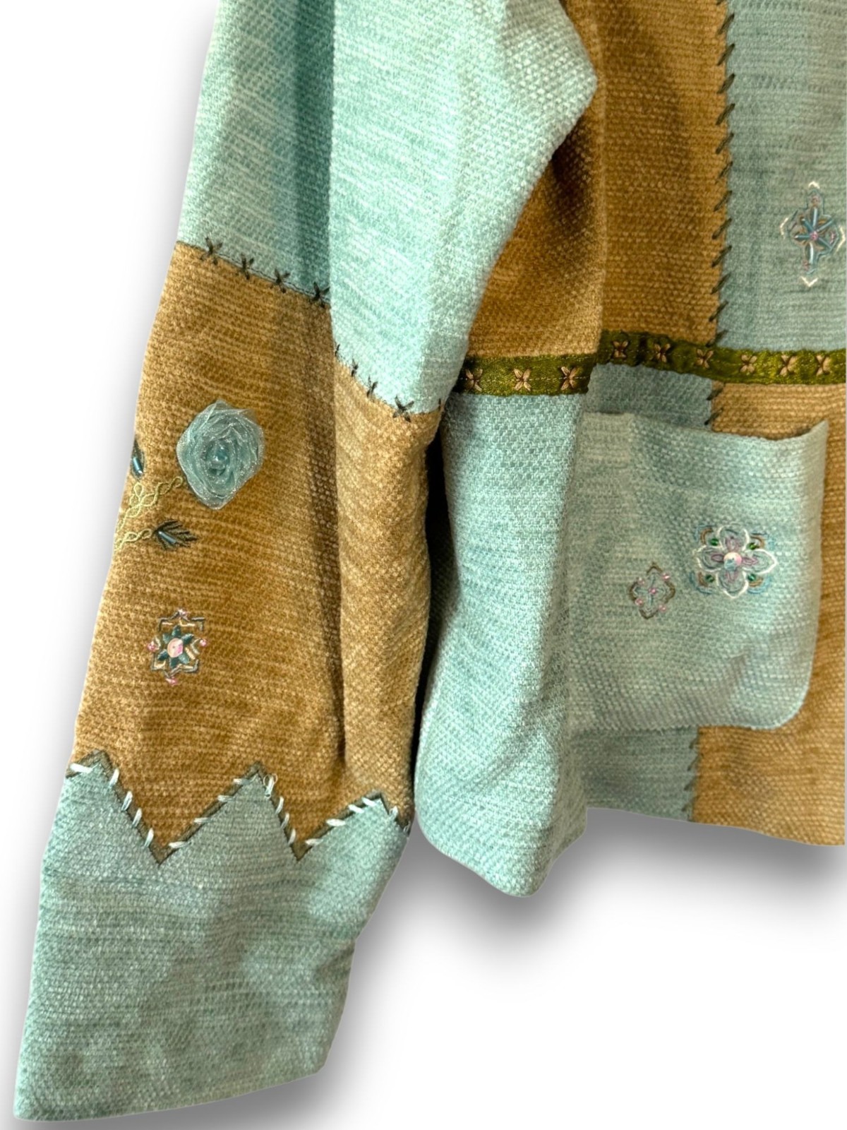 Vintage Napa Valley Petites Patchwork Jacket Size Large Blue Tan Floral Embroide
