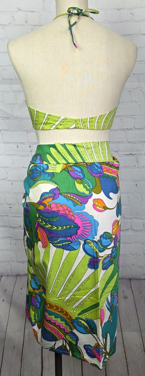 Vintage 70’s Bikini Top And Sarong Handmade Tropical Neon Festival Beachy Hippie