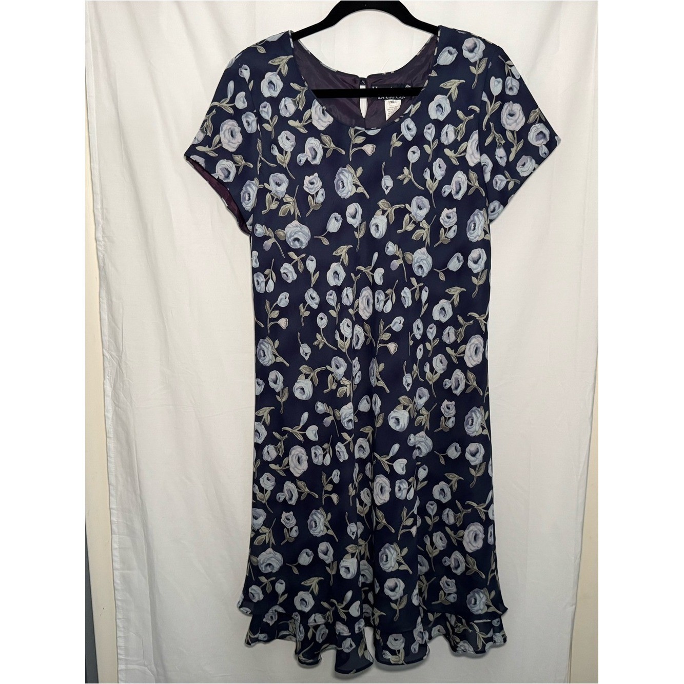 Vintage 90s Hampton Dress Co Floral Ruffle Hem Shift Dress Navy Blue Size 16