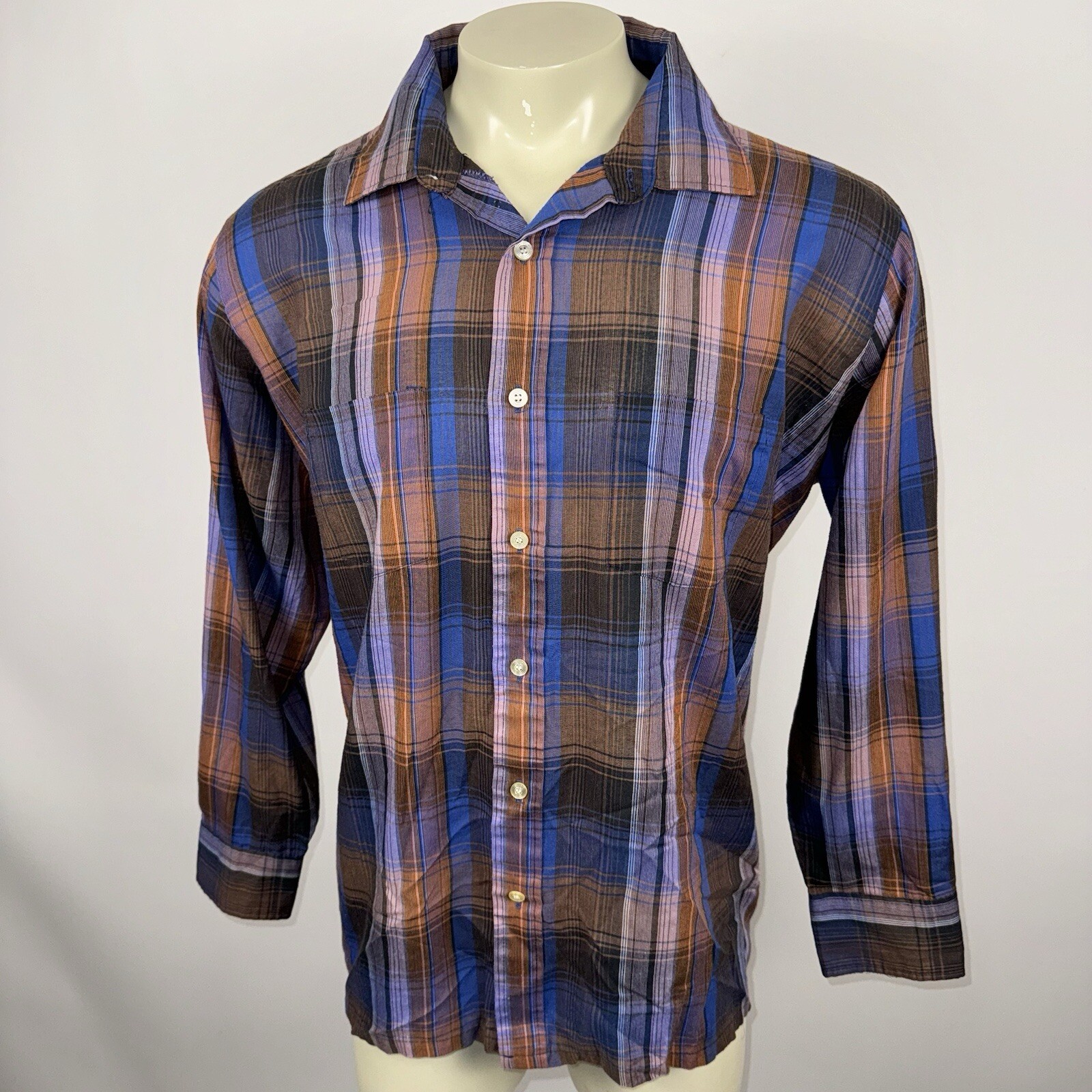 Vtg Sovereign Button Up Shirt Mens 2XL Square Bottom Plaid 60s 70s MCM Mod XXL