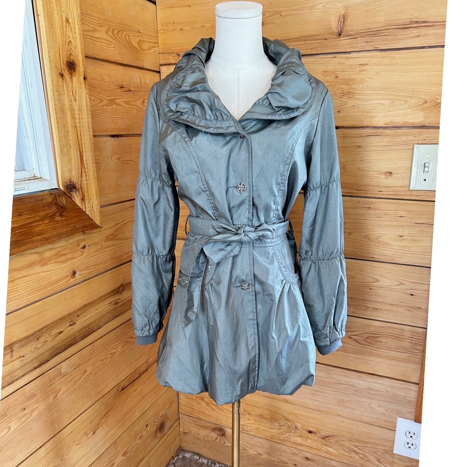 Vintage Metallic Trench Coat Womens Large Pewter Gray Samuel Dong Bubble Hem 90s