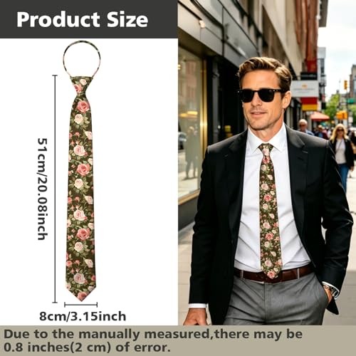 Mens Ties 3.15″ Pre-tied Adjustable Necktie Printed Fashion Neck Tie Green Rose