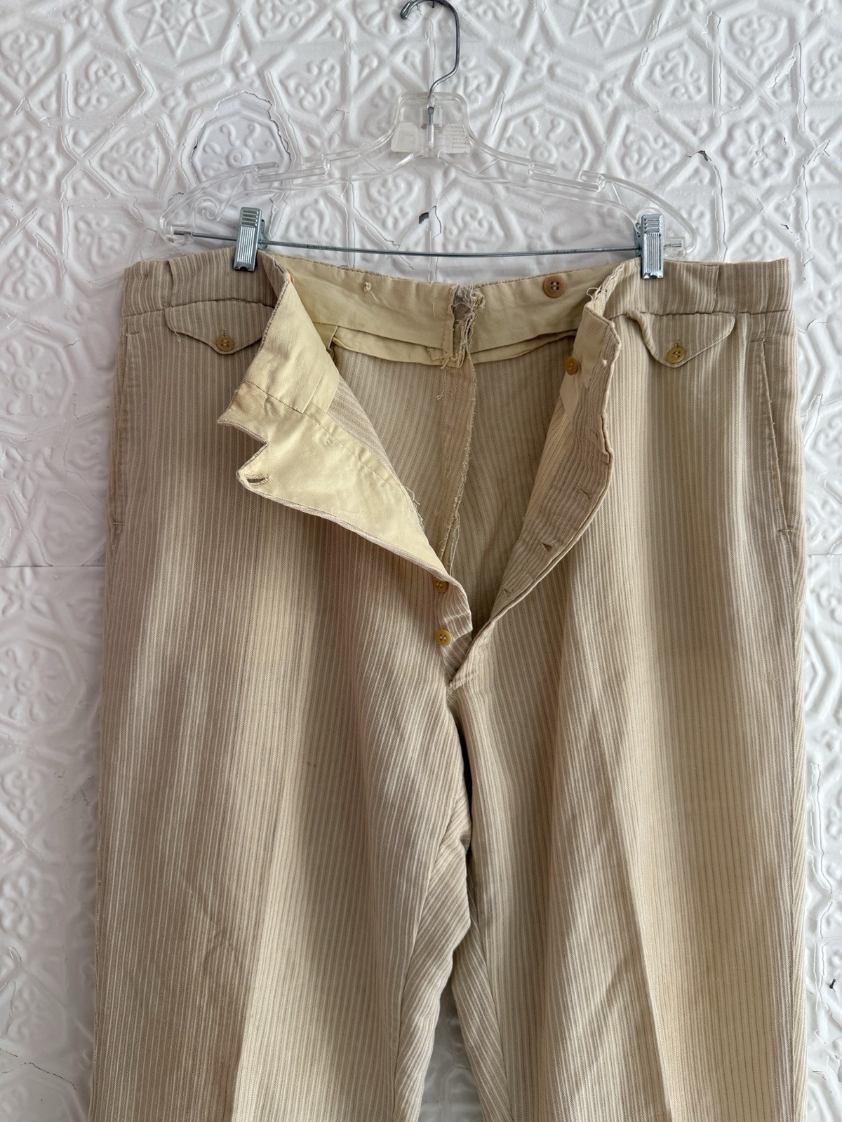Antique men’s trousers pants white cream stripe ecru button fly Flat Front As Is