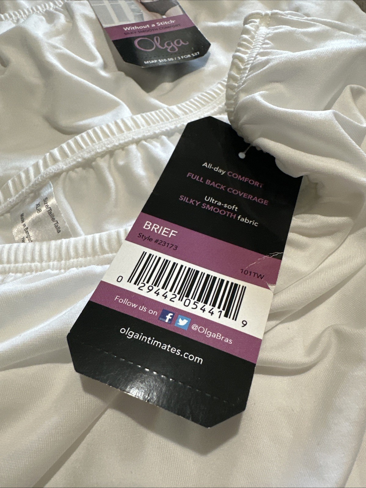 NWT OLGA Without a Stitch White Silky Smooth Comfort Brief Panties 3 Pairs XL/8