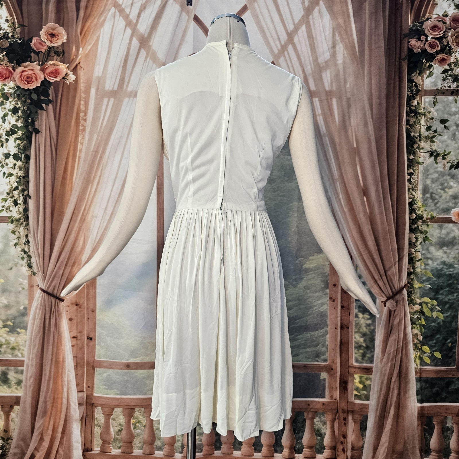 Vintage 1960’s Dress Pleated White Button Front Lace Sleeveless Retro Pinup