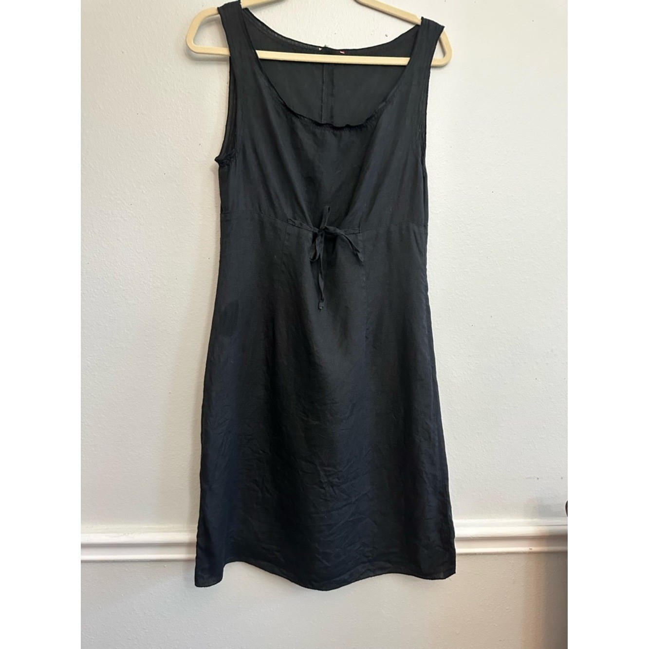 Classic Black Sleeveless Tie-Waist Dress 100% linen made in Italy vintage large