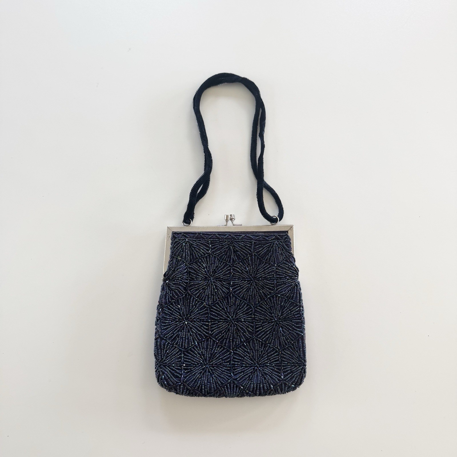 Vintage Navy Blue Beaded Evening Purse With Multi Use Strap Made In China