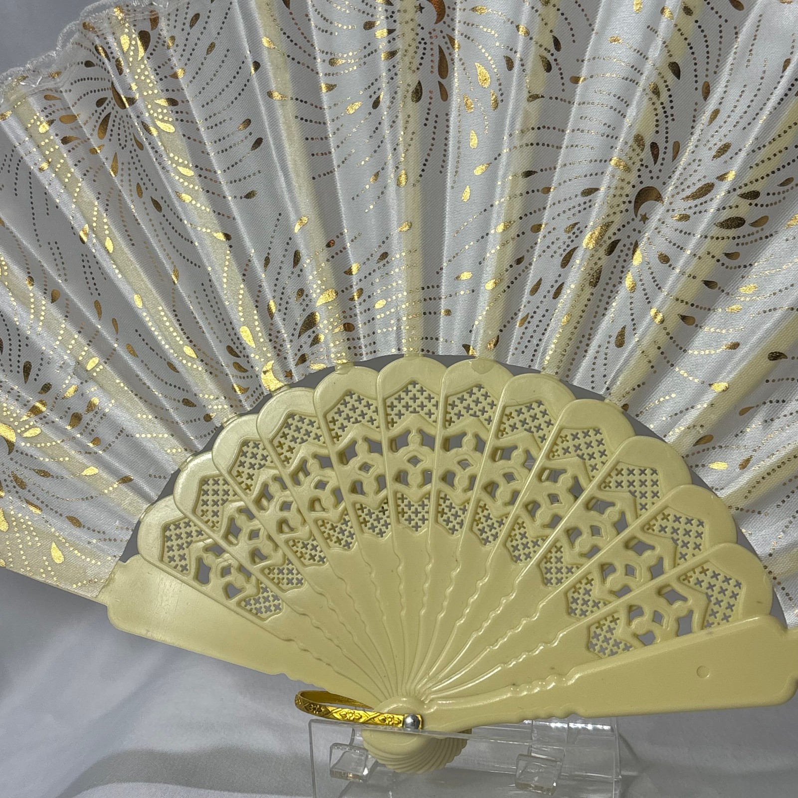 Cream Synthetic Folding Fan Moon & Starburst Design Plastic Sticks / Guards
