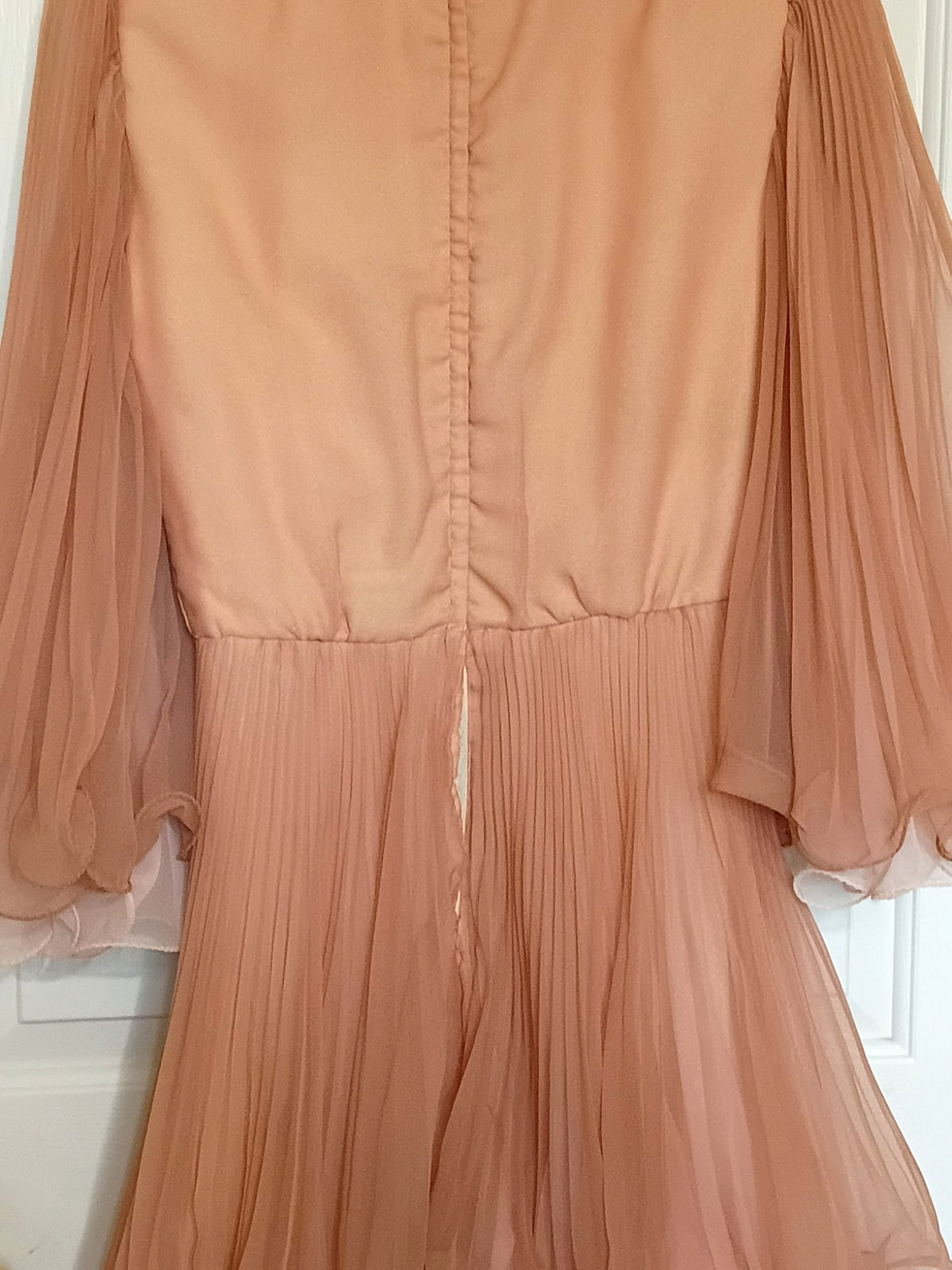 Vtg 60s Miss Elliette Coral Cocktail Dress Ruffled Chiffon Bell Sleeves Small
