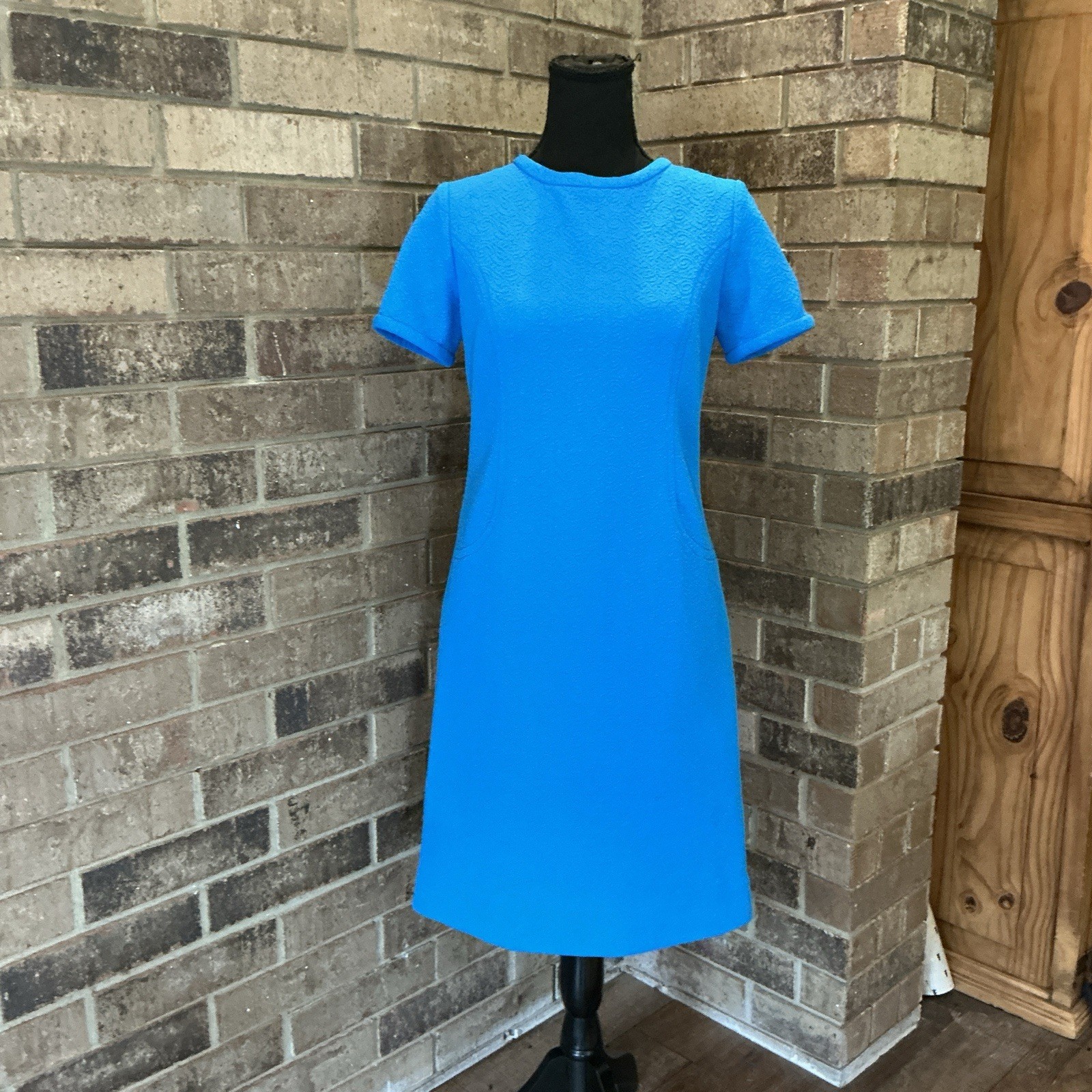 60s VTG Blue Boucle Skirt Suit Set Jacket Shift Dress Textured Mod Size 12 #17E8