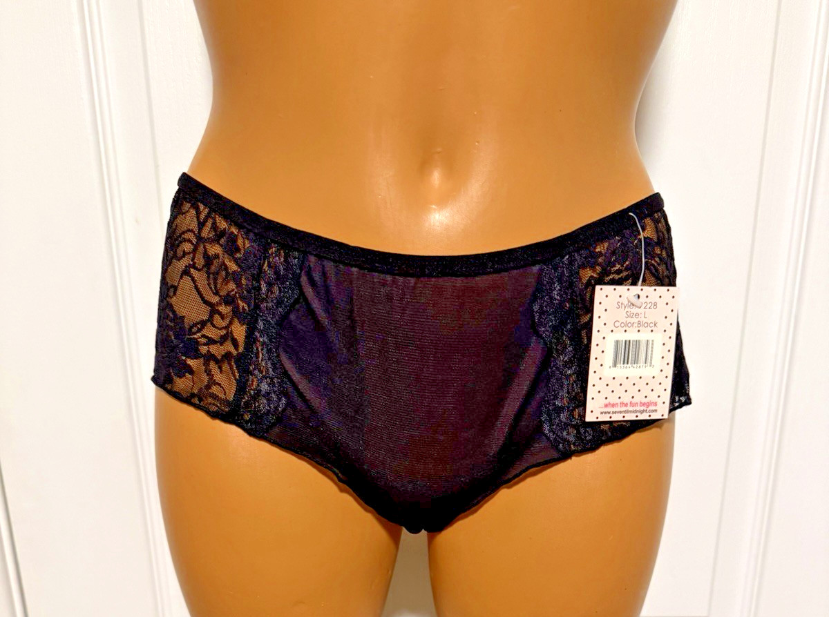 VTG Y2K SEVEN ‘TIL MIDNIGHT BLACK W/ LACE INSETS HIP HUGGER BIKINI PANTIES SZ L