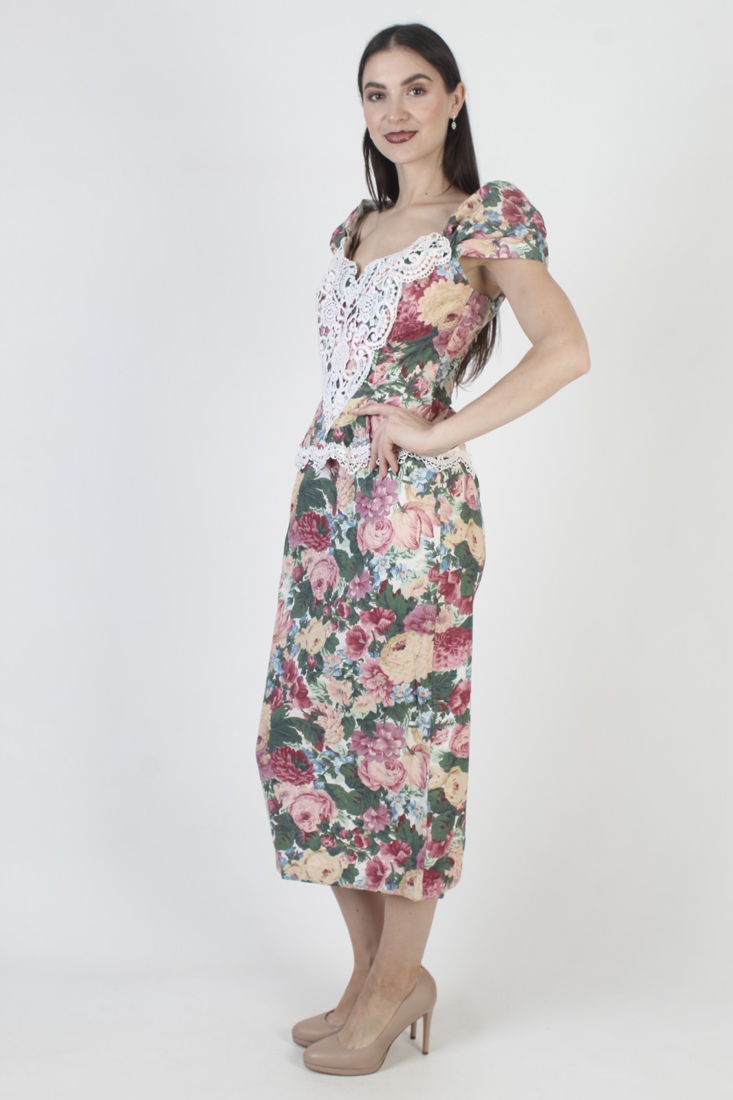 Vtg 80s Scott McClintock Dress Victorian Rose Print Cottage Tea Length Prom Gown