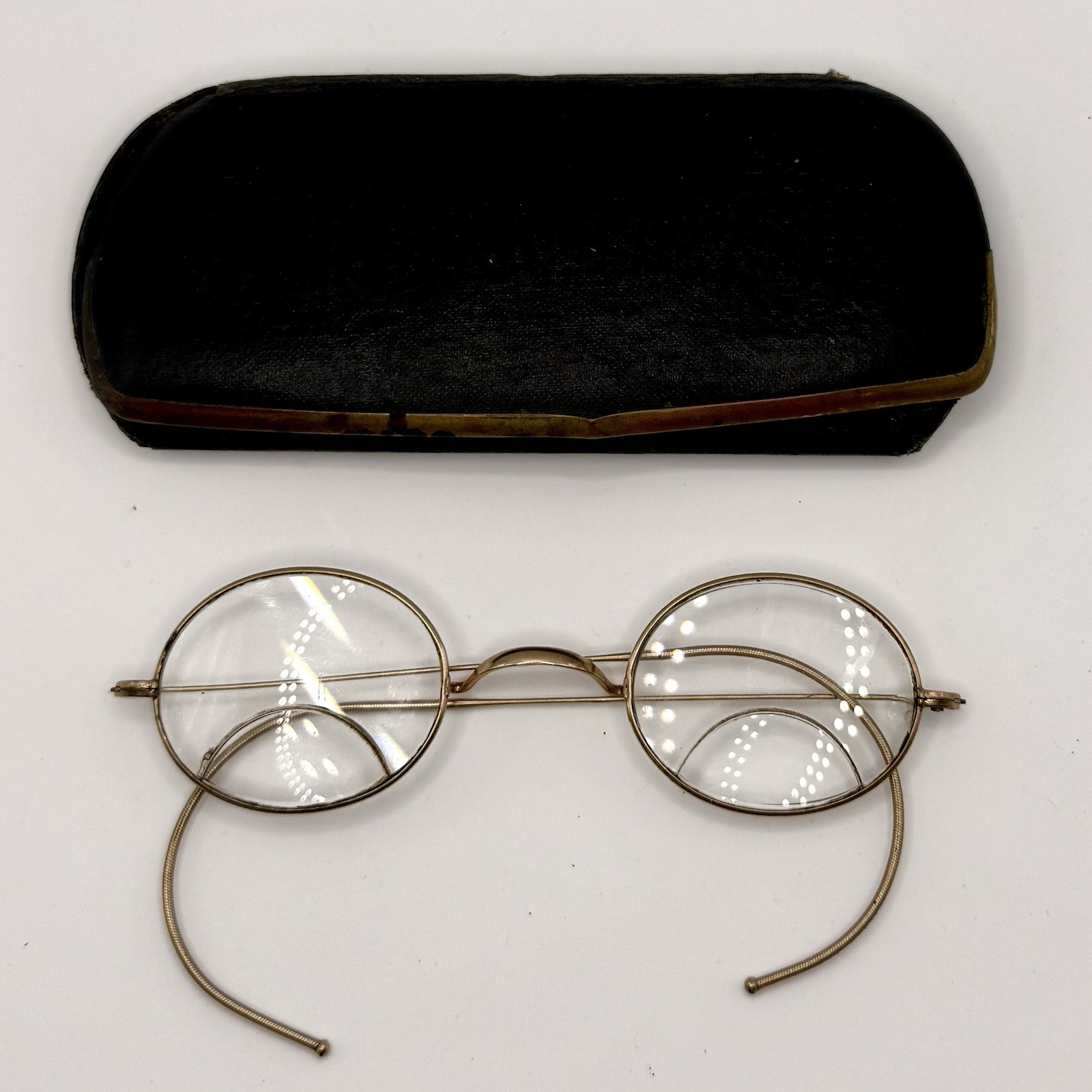 Antique Pince Nez Bifocal Spectacles Oval Wire Frame w Leather Case APEX