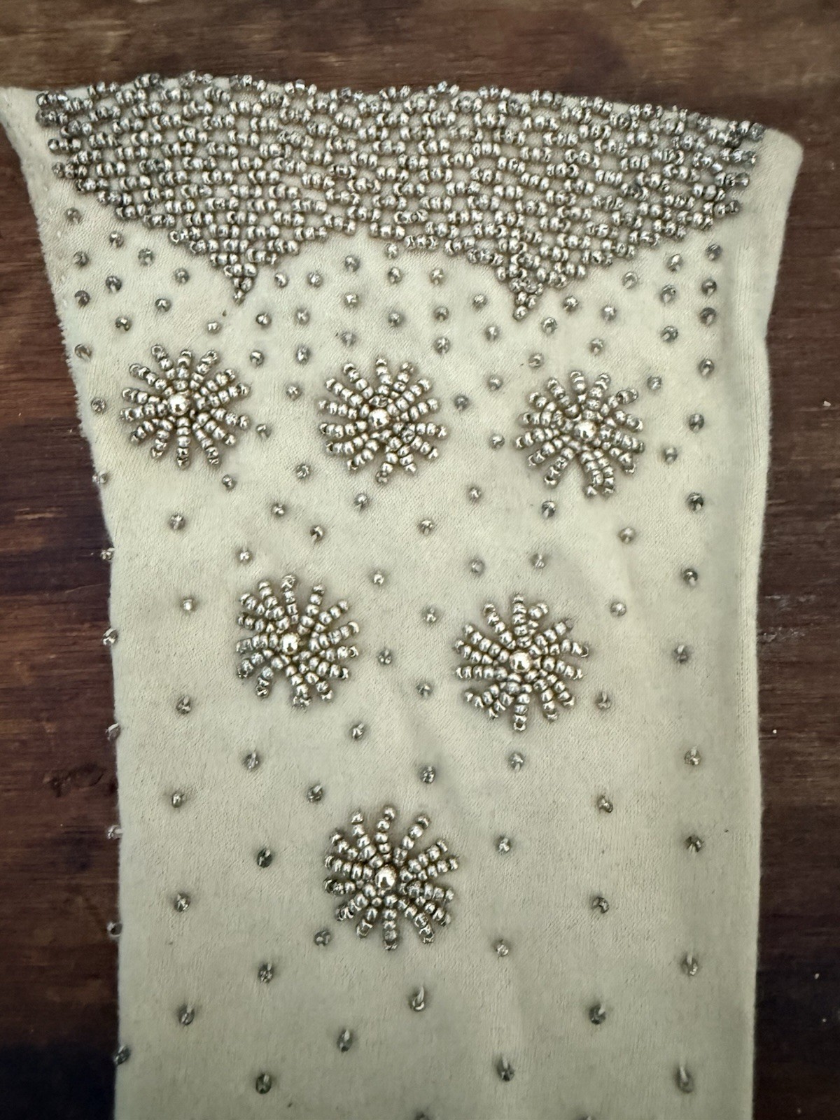 Vintage 1950s Beaded Opera Gloves Cream White Silver Starburst Mid Century MCM
