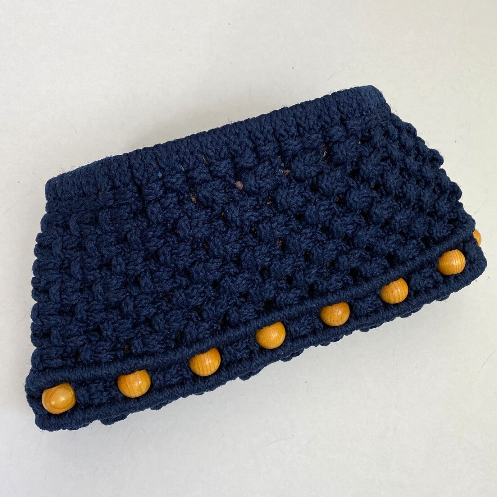 Vintage Woven Clutch Handbag Blue Rope Wooden Beads Lined